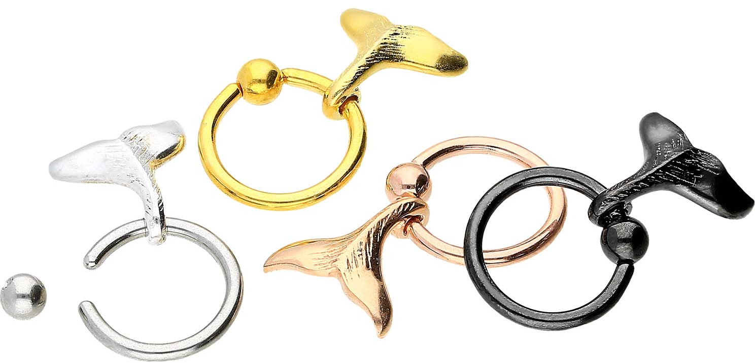 Surgical steel ball closure ring with brass design WHALE FIN ++SALE++