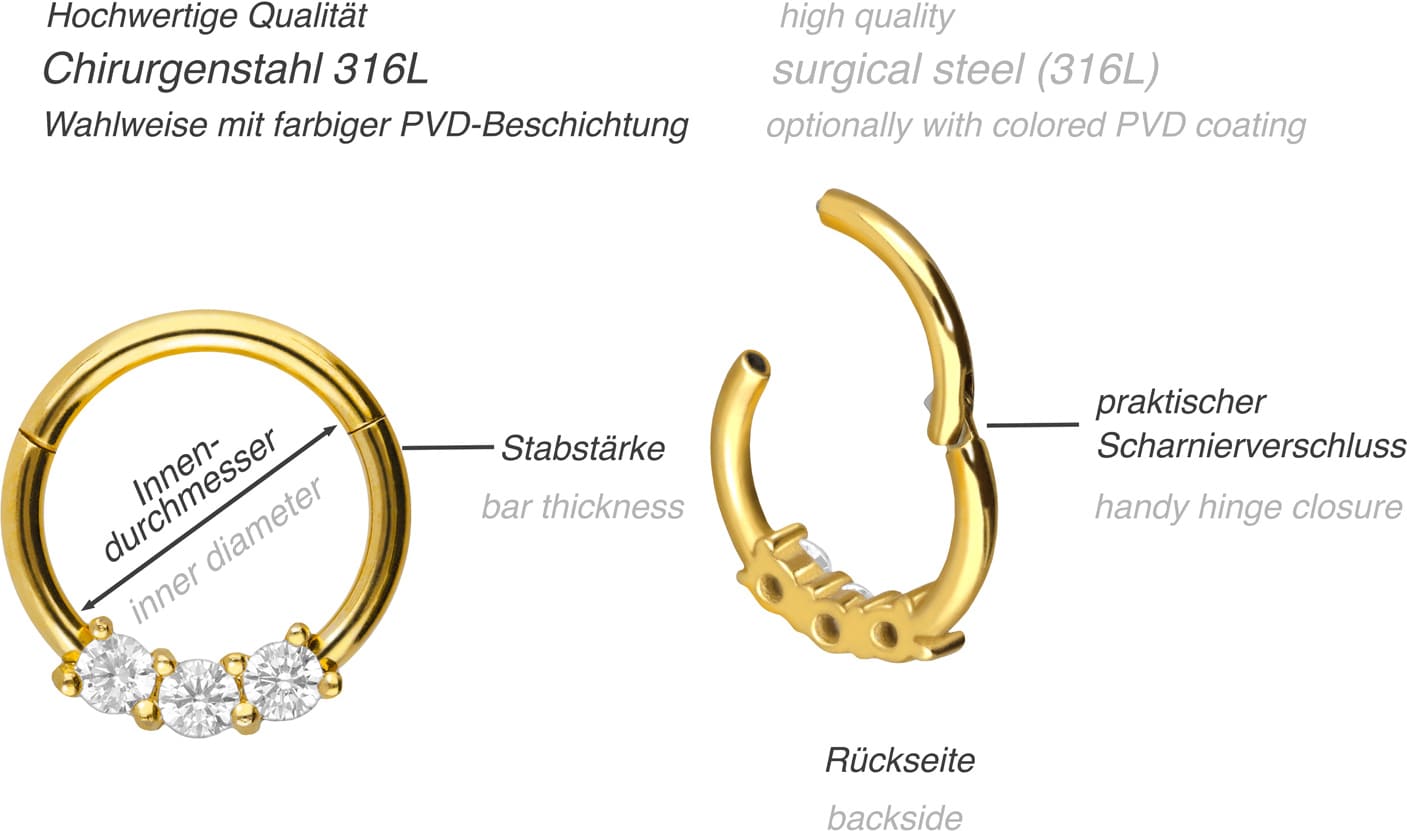 Surgical steel segment ring clicker 3 CRYSTALS