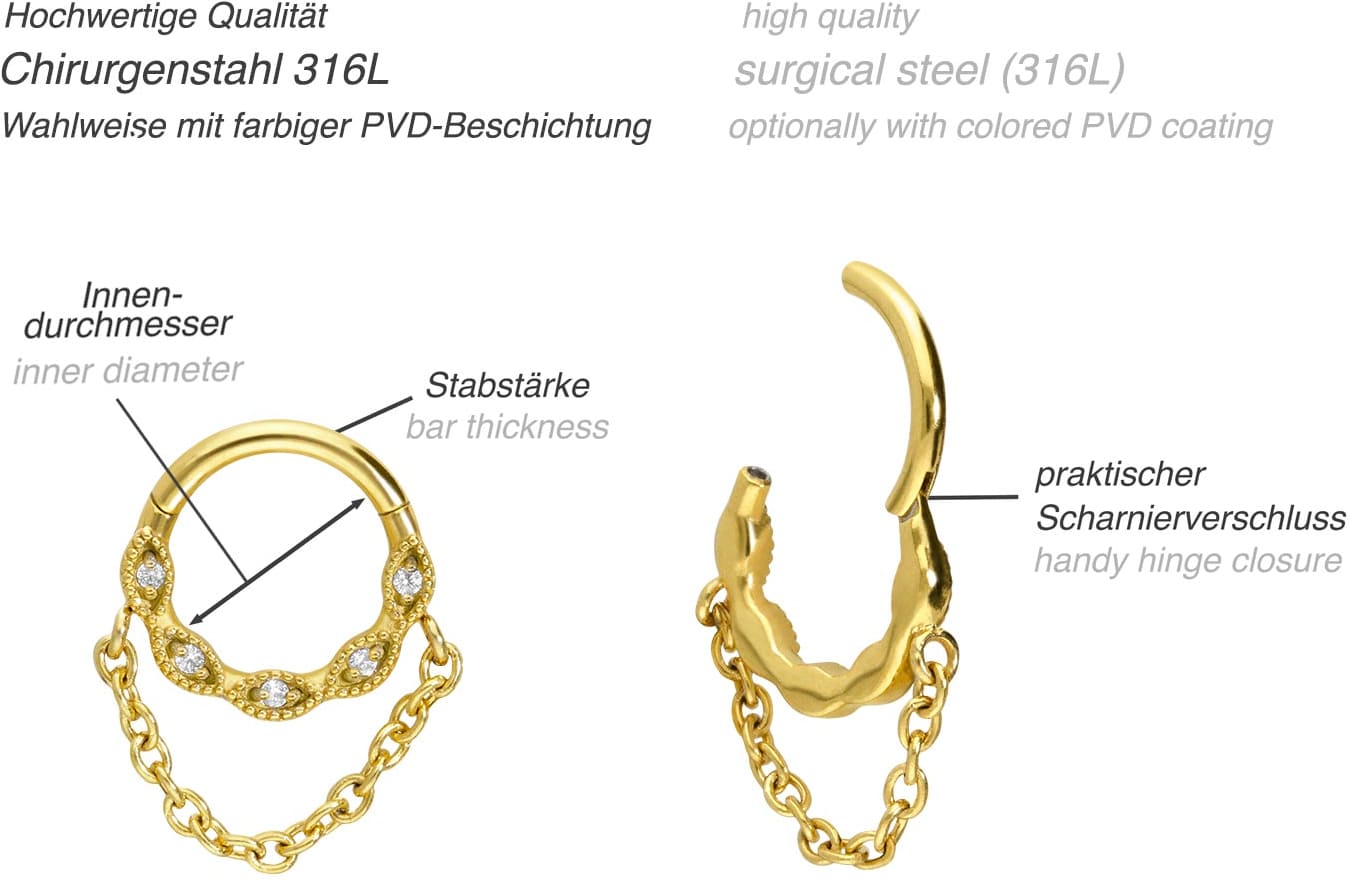 Surgical steel segment ring clicker SETTED CRYSTALS + CHAIN