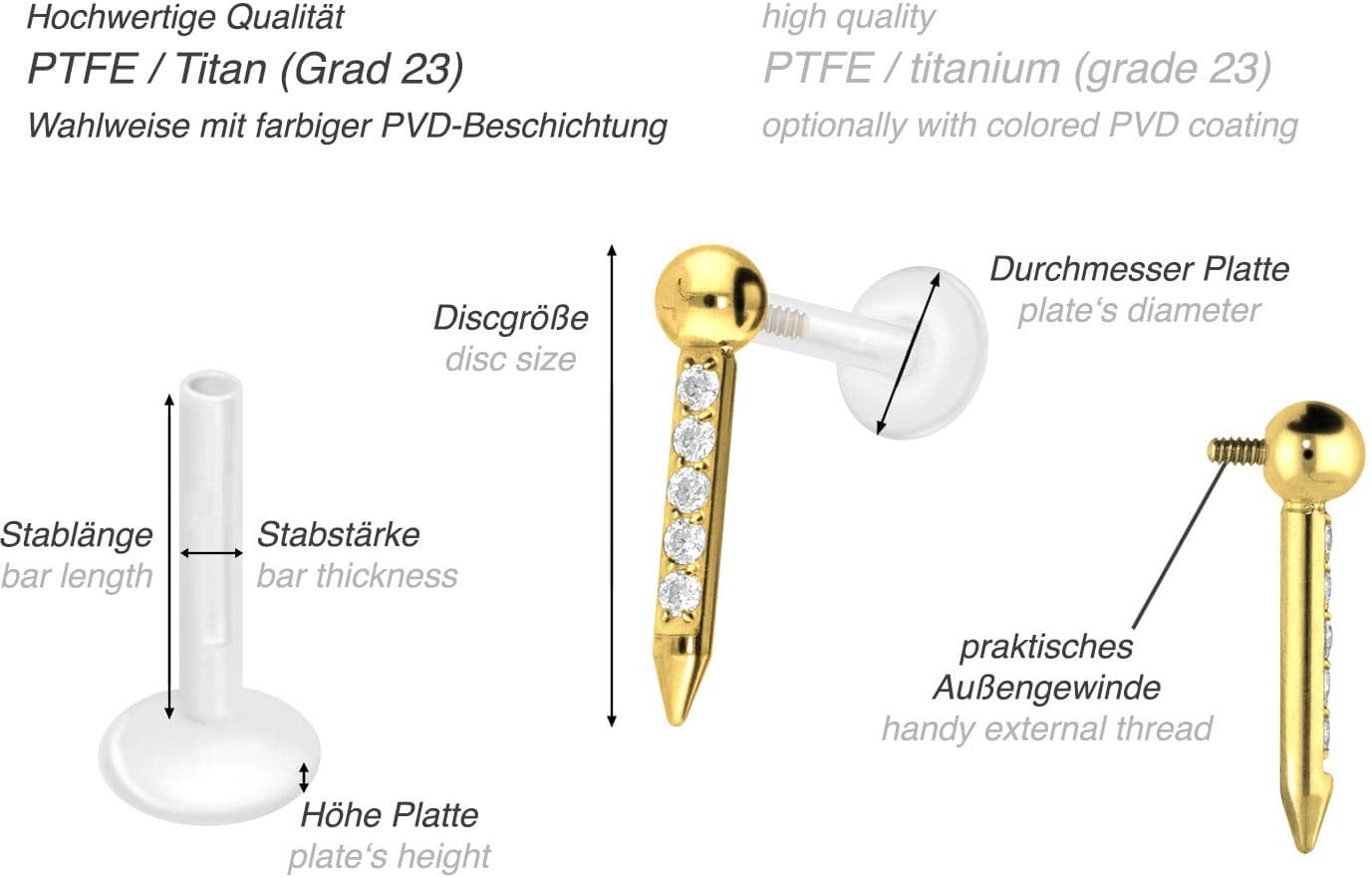 PTFE labret with internal thread + titanium attachment NAIL + SETTED CRYSTALS