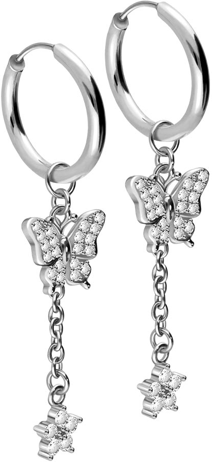 Surgical steel ear clicker creoles CRYSTAL BUTTERFLY + CRYSTAL FLOWER