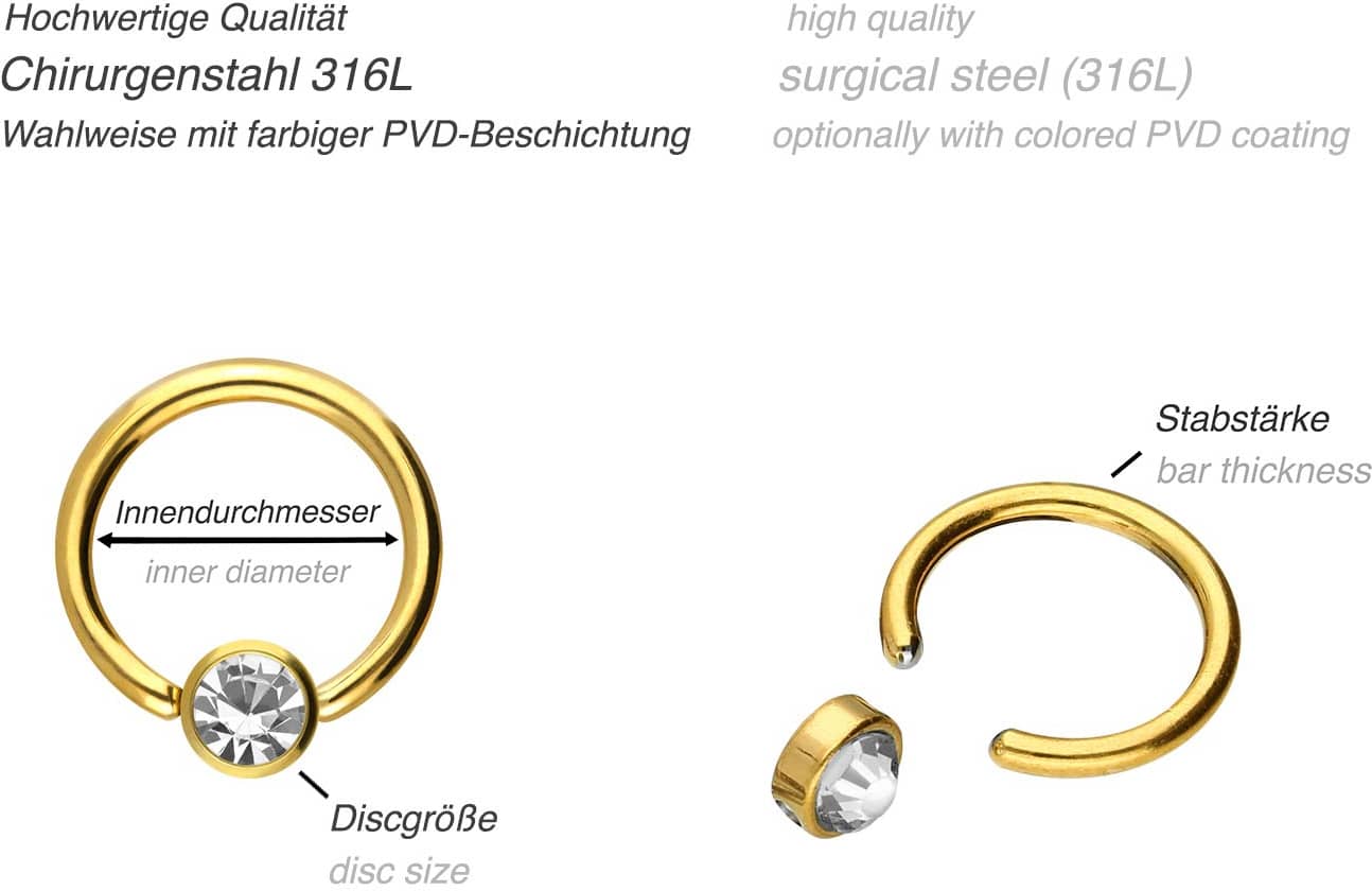Surgical steel ball closure ring DISC + CRYSTAL