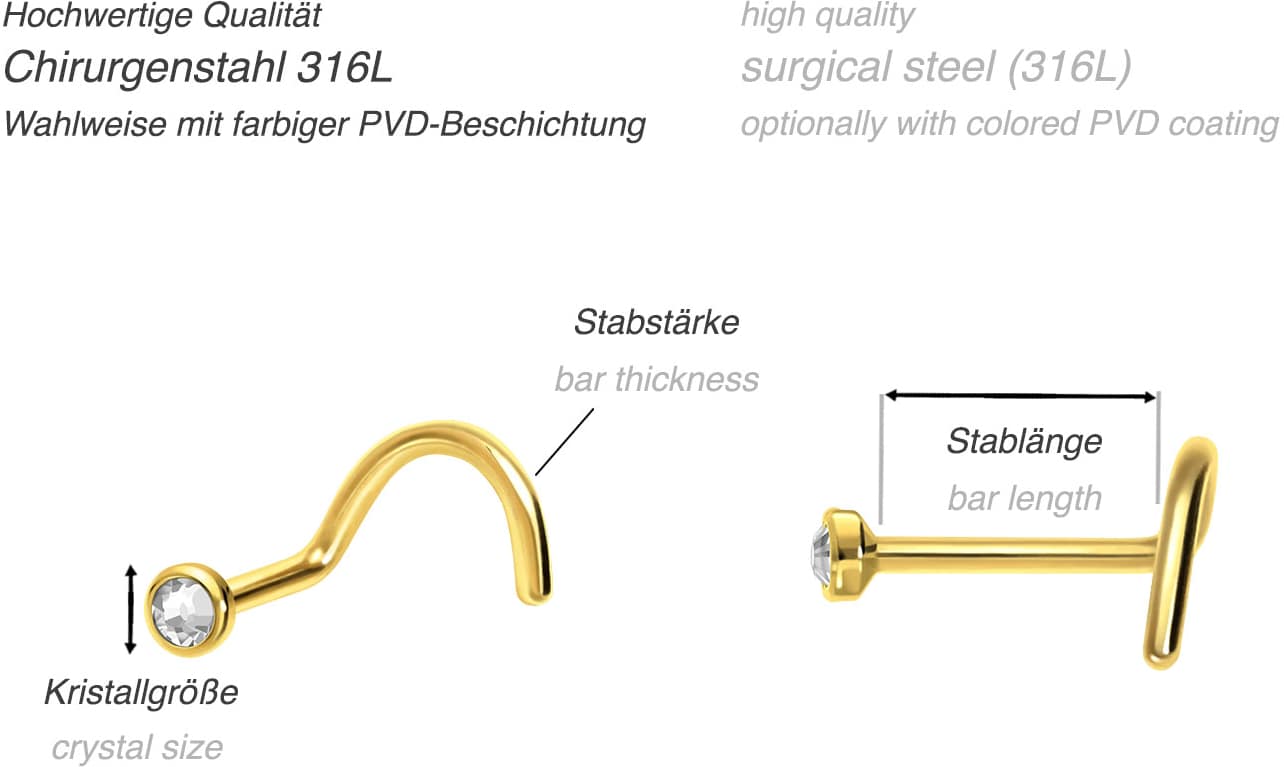 SET Surgical steel nose stud spiral FLAT CRYSTAL DISC