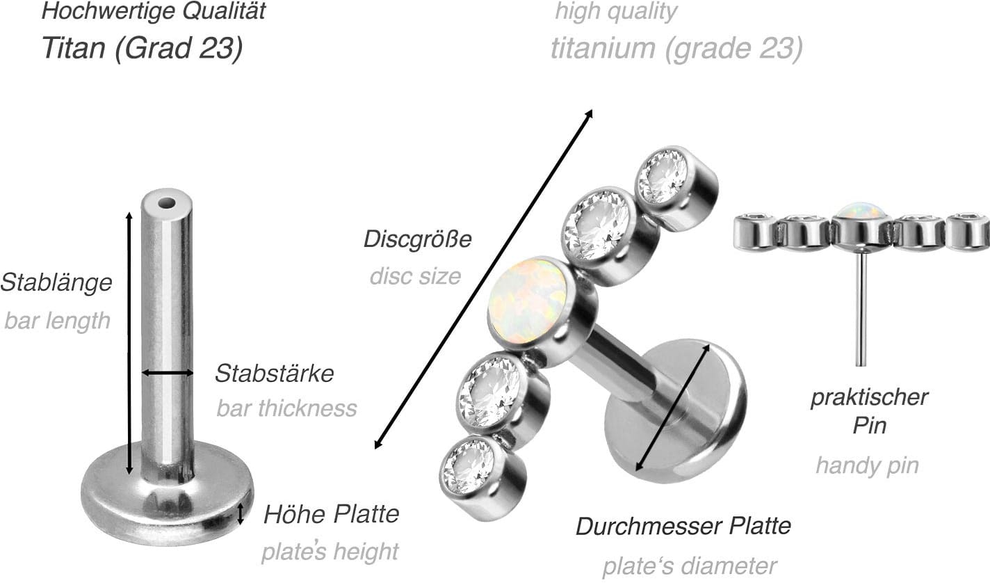 Titan Labret mit Push Fit SYNTHETISCHER OPAL + 4 KRISTALLE