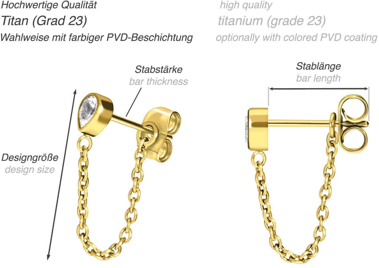 Titanium ear studs CRYSTAL DROP + CHAIN