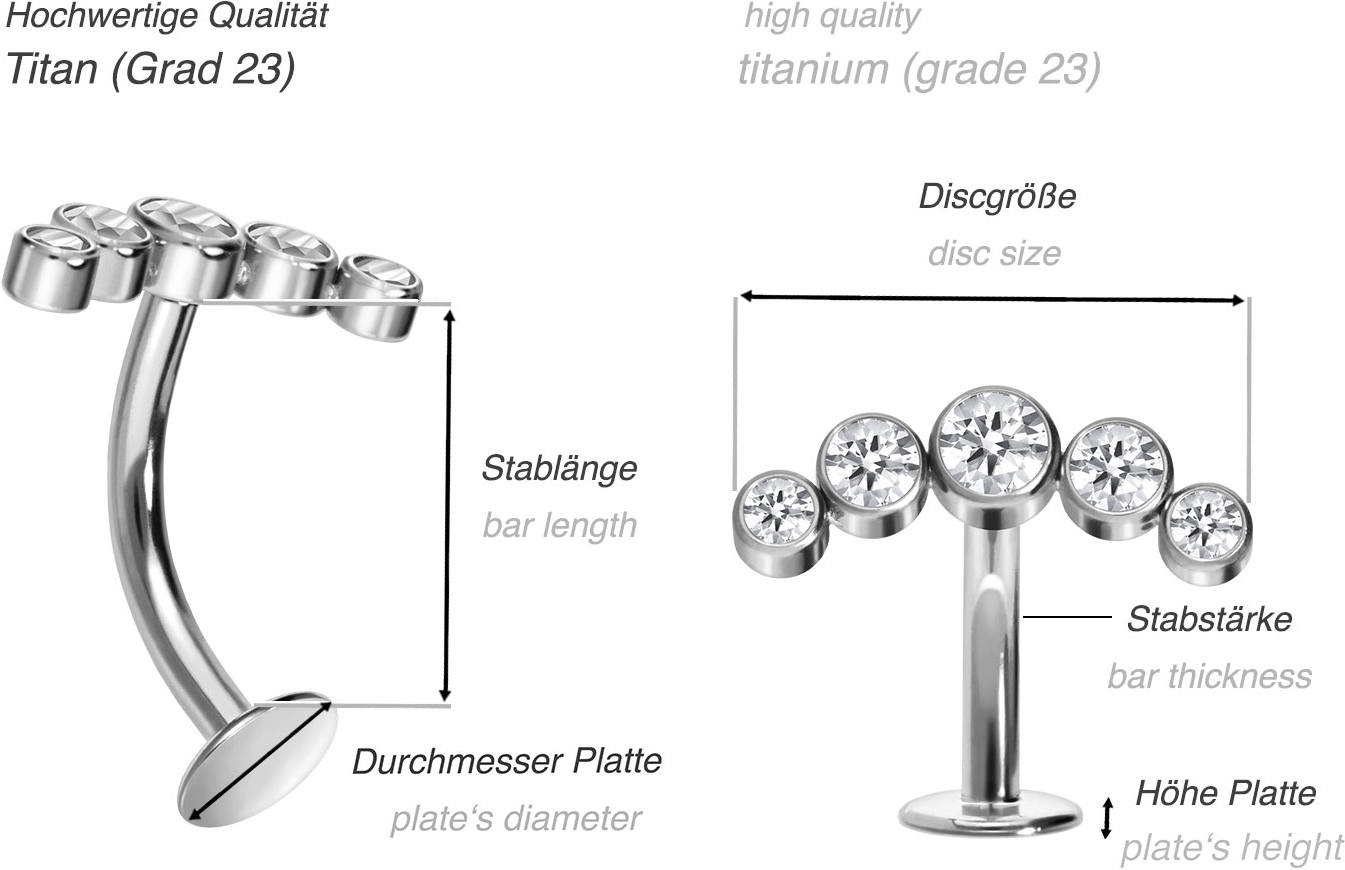 Titanium belly button labret curved with push fit 5 CRYSTALS