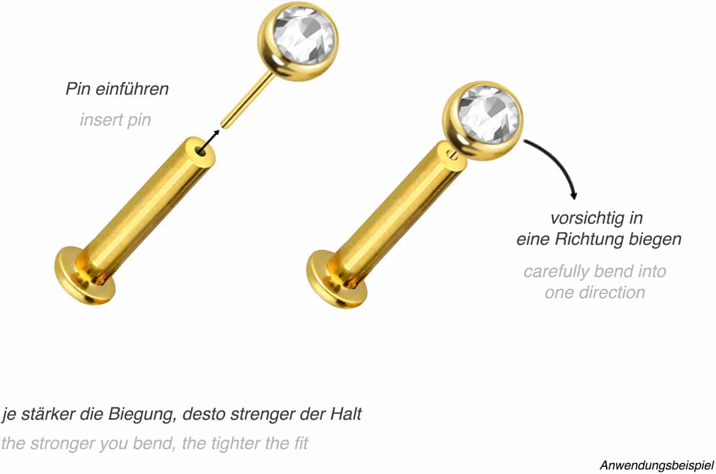 Titan Triple Piercing Mini Labret mit Push Fit FLAT-DISC + KRISTALL