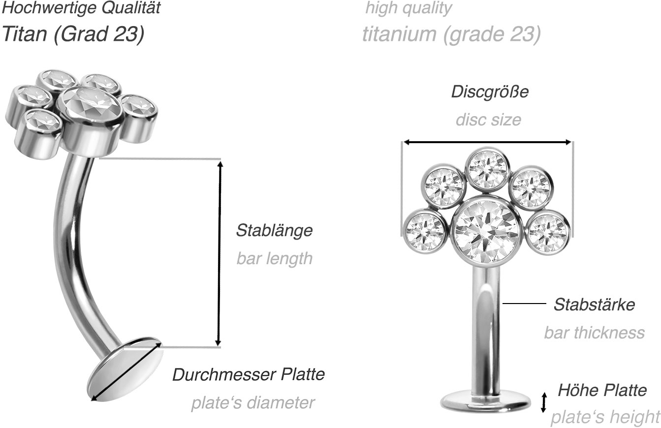 Titan Bauchnabel Labret gebogen mit Push Fit 6 KRISTALLE