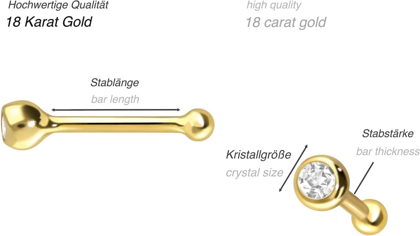 18 Karat Gold Nasenstecker Pin RUNDER KRISTALL