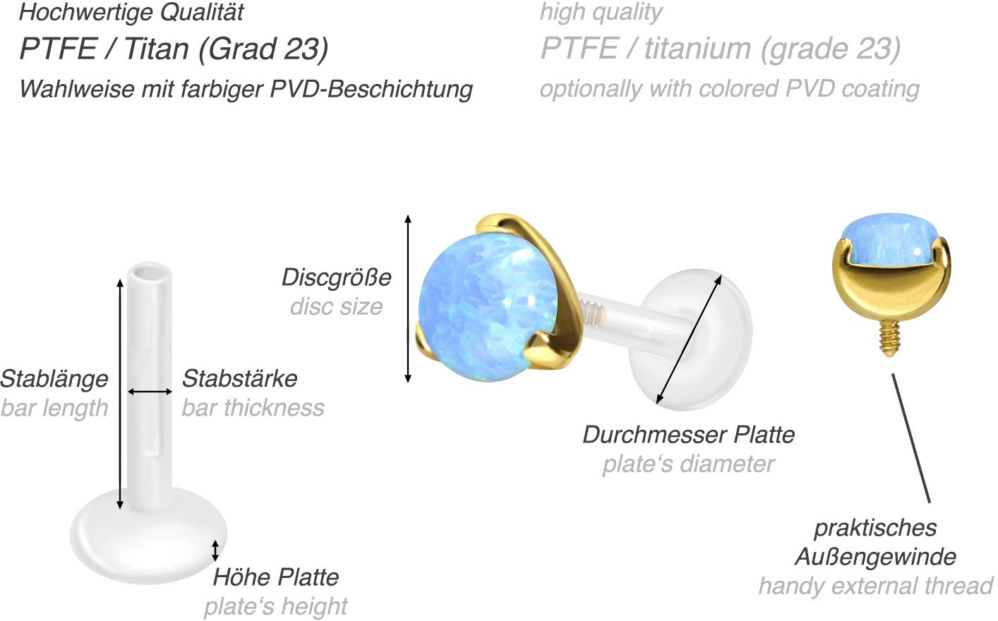 PTFE Labret mit Innengewinde + Titan-Aufsatz SYNTHETISCHER OPAL