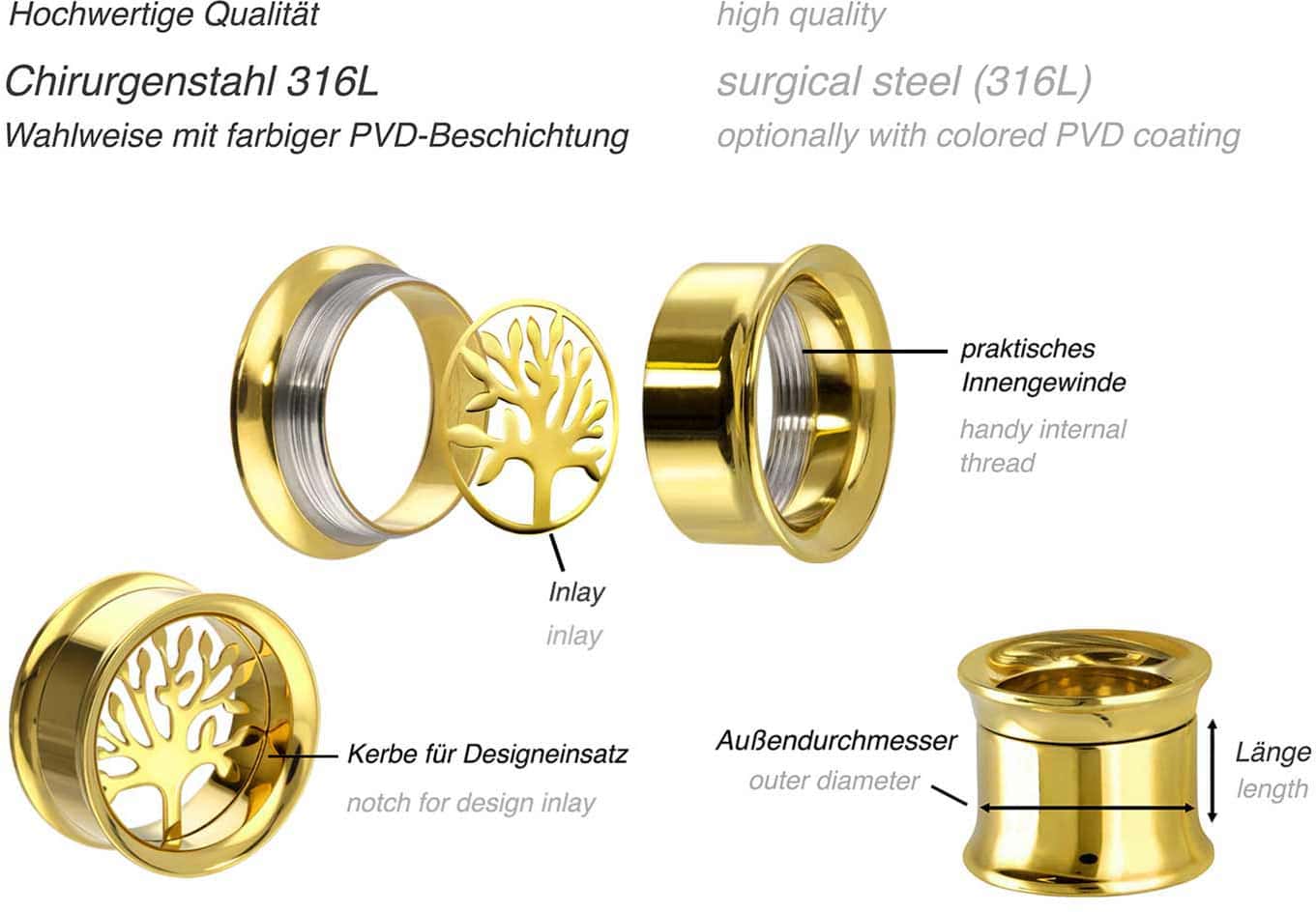 Surgical steel BYO double flared tunnel incl. inlay TREE OF LIFE ++SALE++