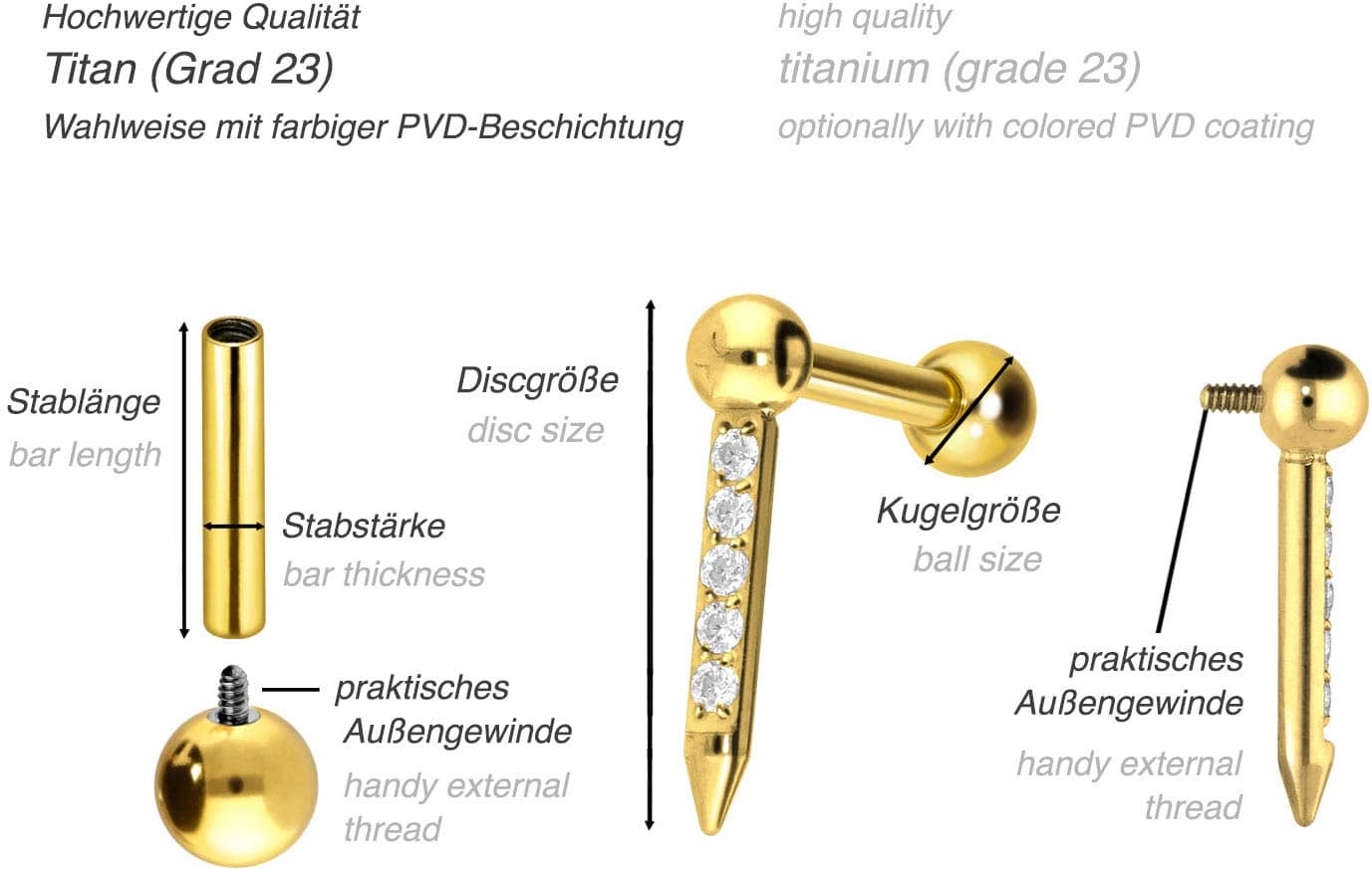 Titanium ear piercing with internal thread NAIL + SETTED CRYSTALS