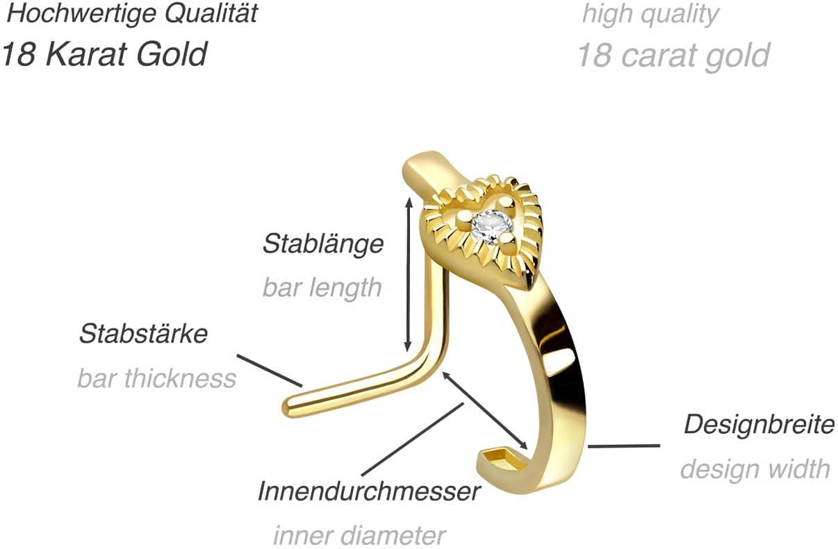 18 carat gold nose stud HEART + CRYSTAL