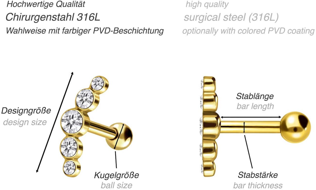 Surgical steel ear piercing 5 CRYSTALS