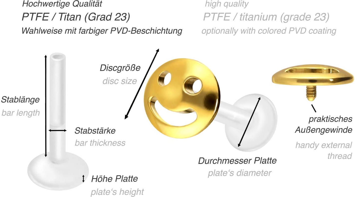 PTFE Labret mit Innengewinde + Titan-Aufsatz LACHENDES GESICHT