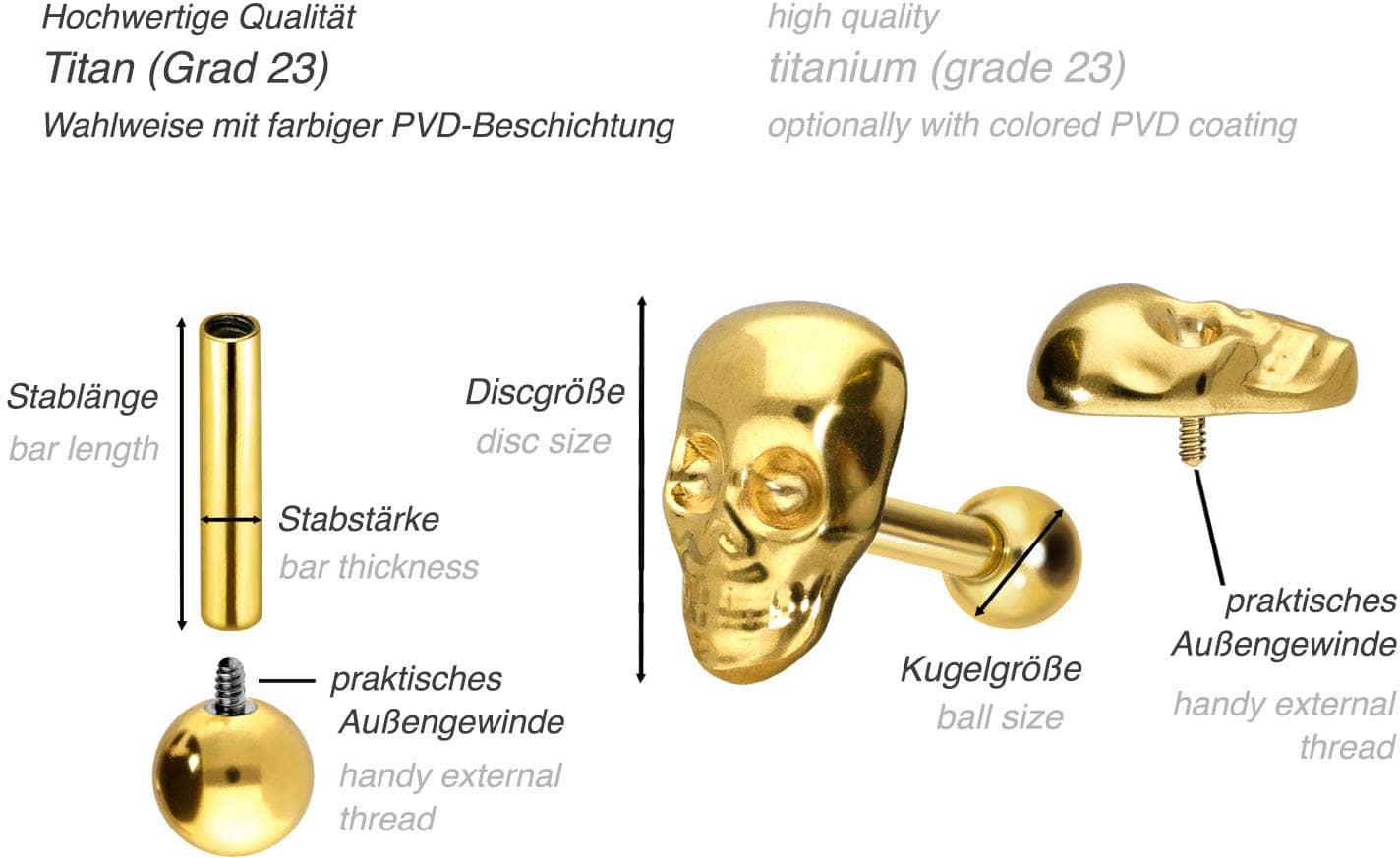 Titanium ear piercing with internal thread SKULL