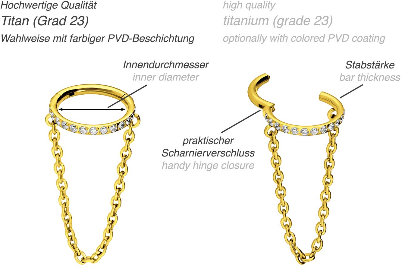 Titanium segment ring clicker SETTED CRYSTALS + CHAIN
