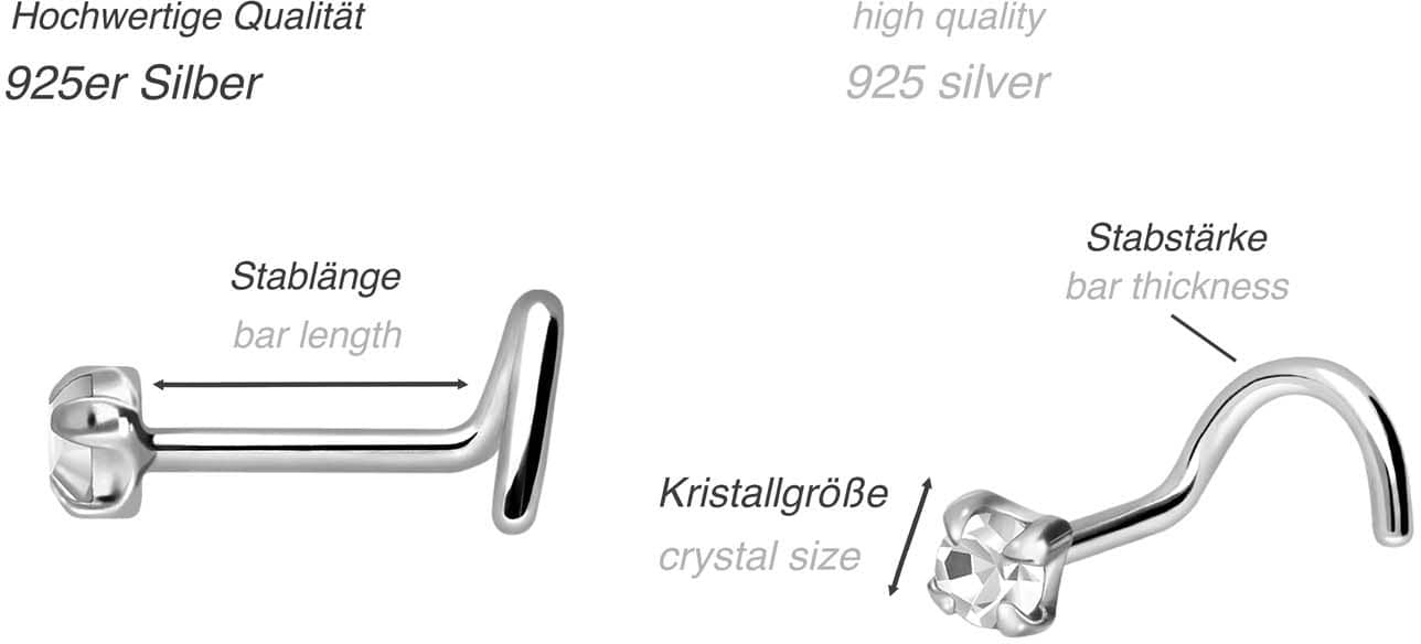 SET 925 silver nose stud spiral FLAT CRYSTAL